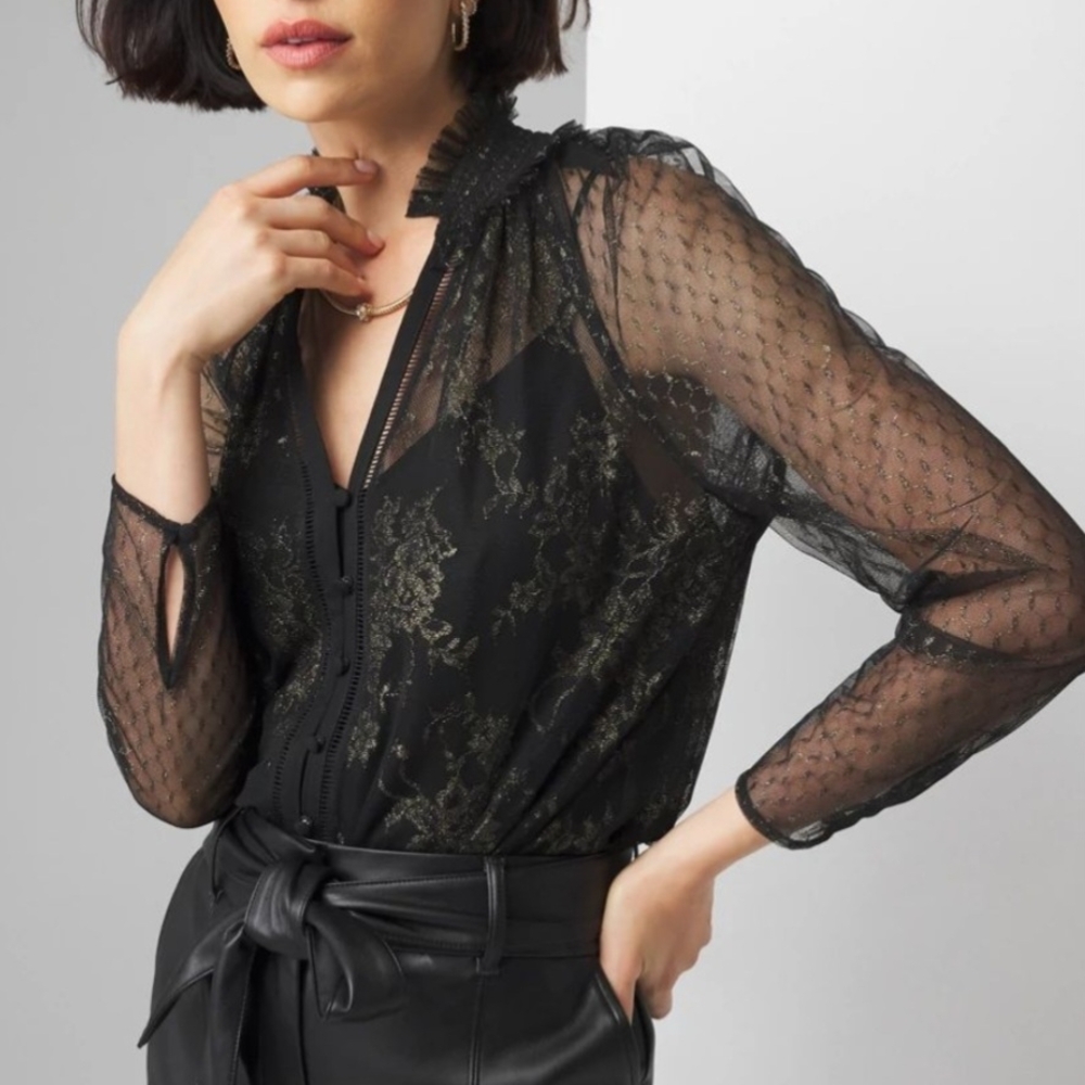 WHBM‎ V-Neck Lace Blouse Black/Gold Metallic Lace with Removable Camisole, Sz 14